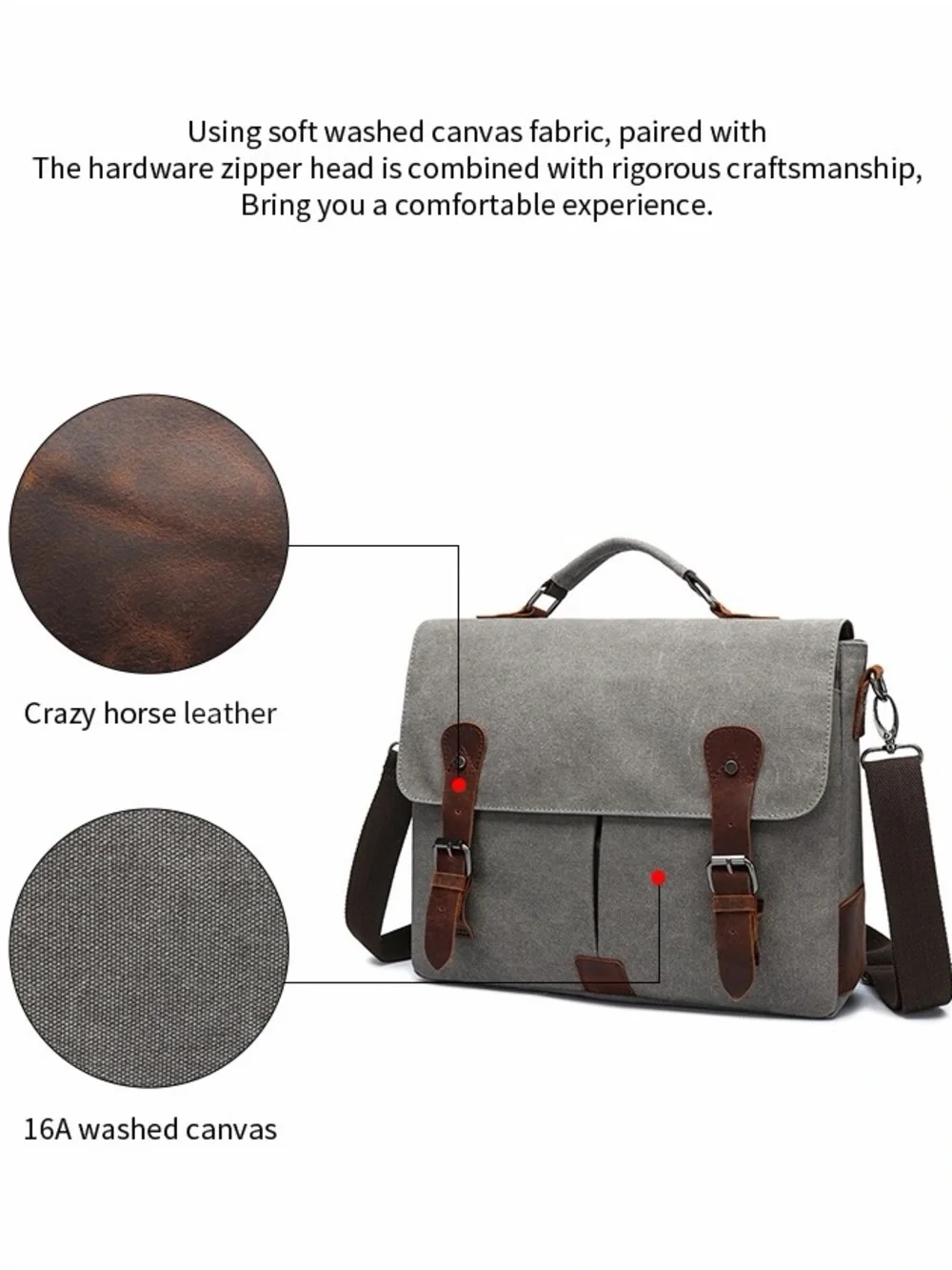 Men's Grey Canvas Briefcase with Brown Leather Trim